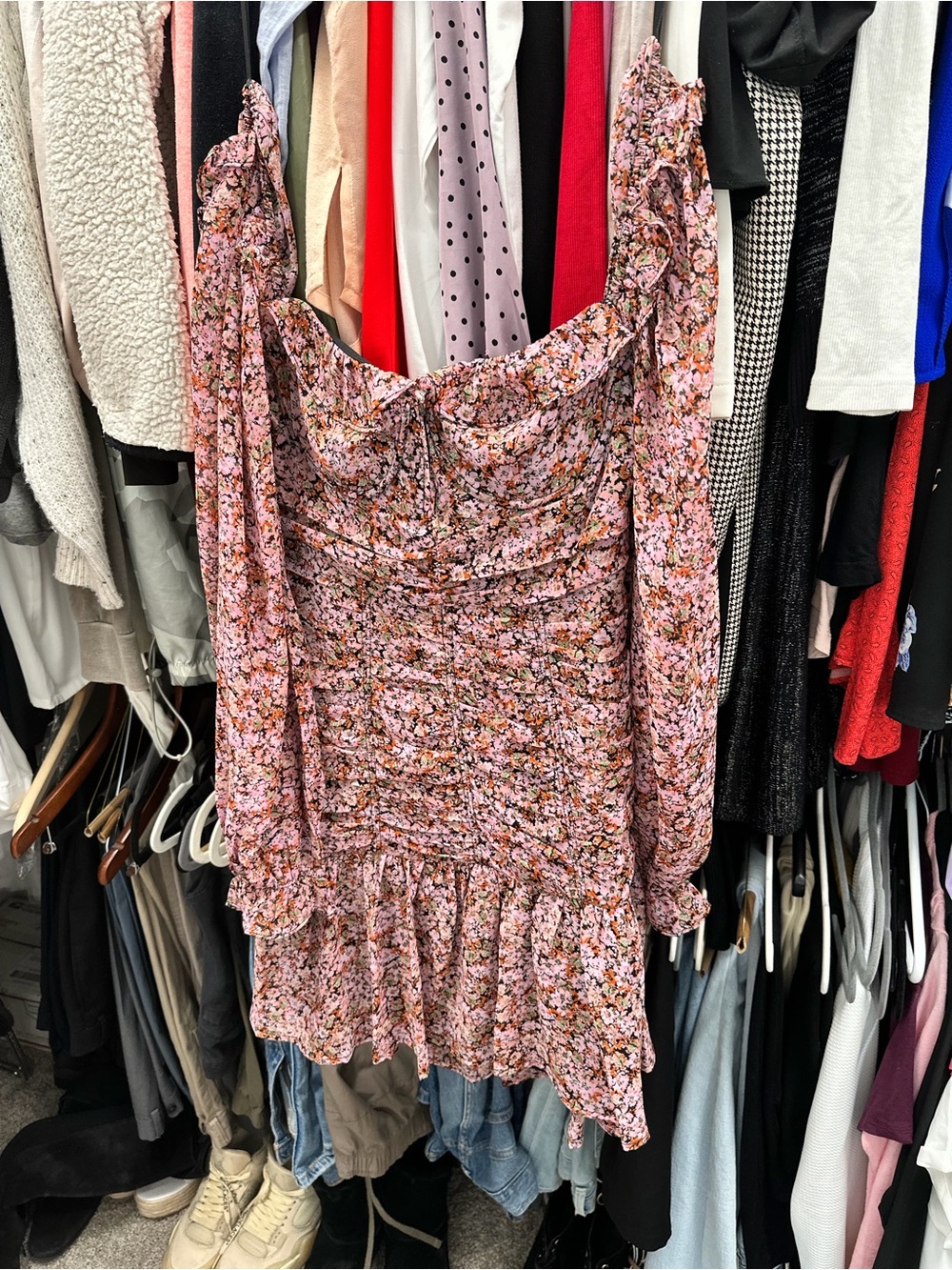 Floral Off-Shoulder Ruched Mini Dress - Pink